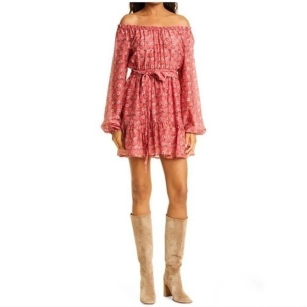 ✅ Xirena Dress Jia Mini Off The Shoulder in Coral Floral Red